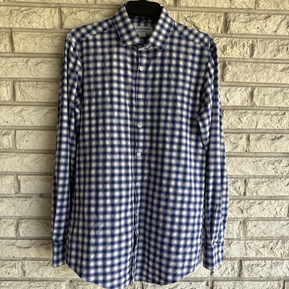 Mizzen+Main Long Sleeve Performance Shirt Men Small Blue White Checked Stretch